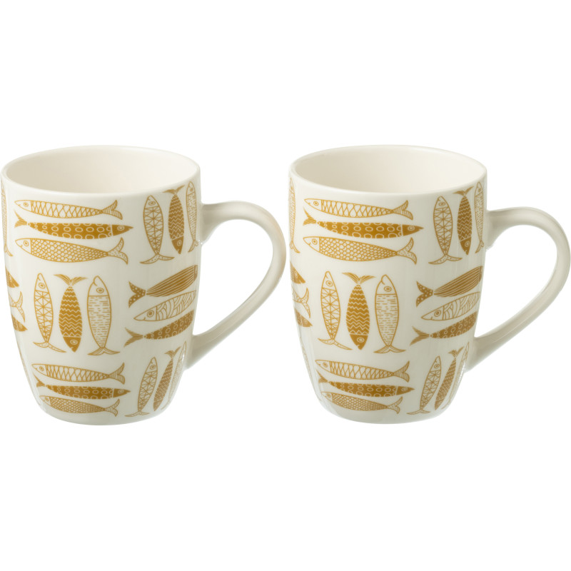 Coffret 2 Mugs 350 ml en Céramique Jaune ocre Blanc Motif poissons Sola - 1