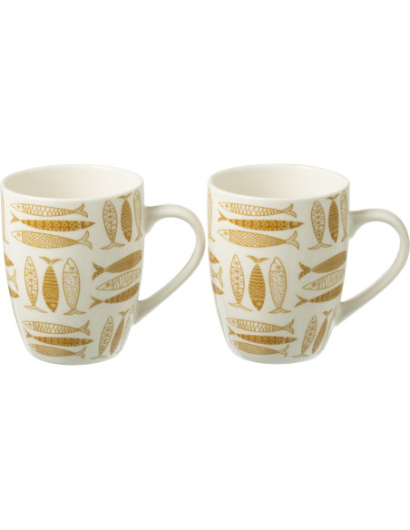 Coffret 2 Mugs 350 ml en Céramique Jaune ocre Blanc Motif poissons Sola - 1