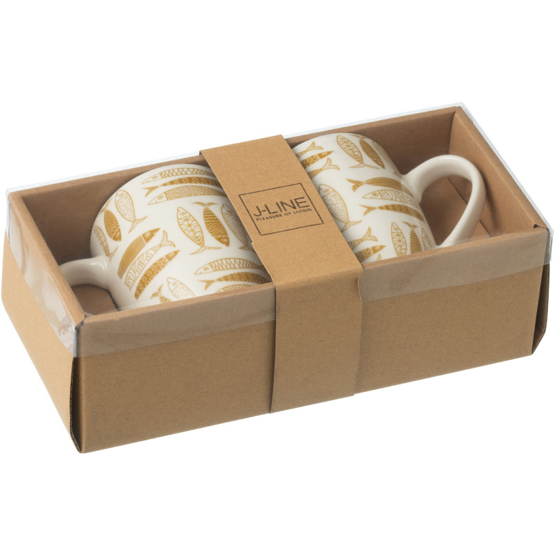 Coffret 2 Mugs 350 ml en Céramique Jaune ocre Blanc Motif poissons Sola - 2