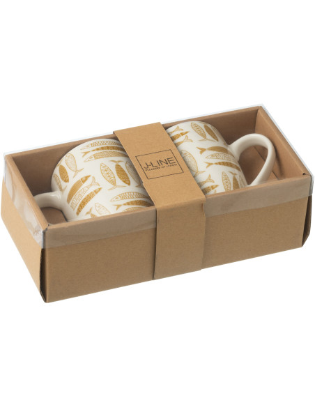 Coffret 2 Mugs 350 ml en Céramique Jaune ocre Blanc Motif poissons Sola - 2