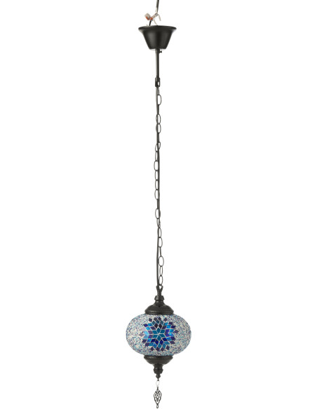 Suspension originale marocaine Diamètre 18 cm en Verre Bleu Mosaïque Métal Noir Zami - 1