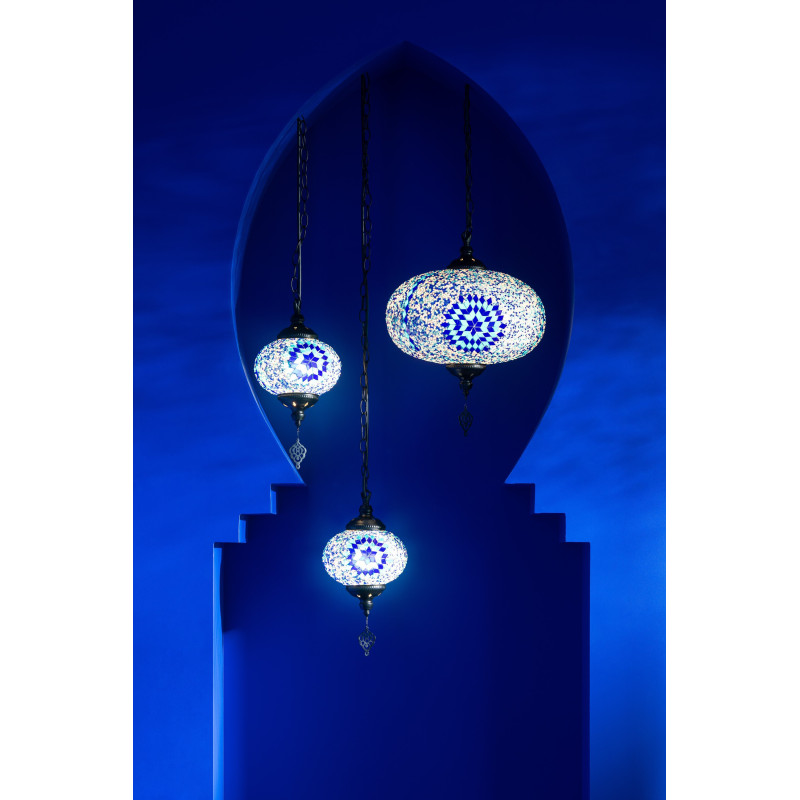Suspension originale marocaine Diamètre 18 cm en Verre Bleu Mosaïque Métal Noir Zami - 2