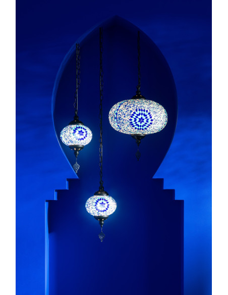 Suspension originale marocaine Diamètre 18 cm en Verre Bleu Mosaïque Métal Noir Zami - 2