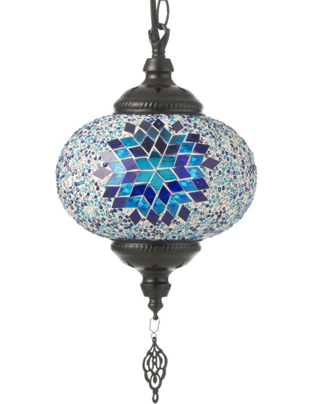 Suspension originale marocaine Diamètre 18 cm en Verre Bleu Mosaïque Métal Noir Zami - 5