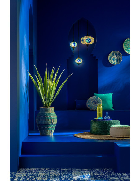 Suspension originale marocaine Diamètre 18 cm en Verre Bleu Mosaïque Métal Noir Zami - 7