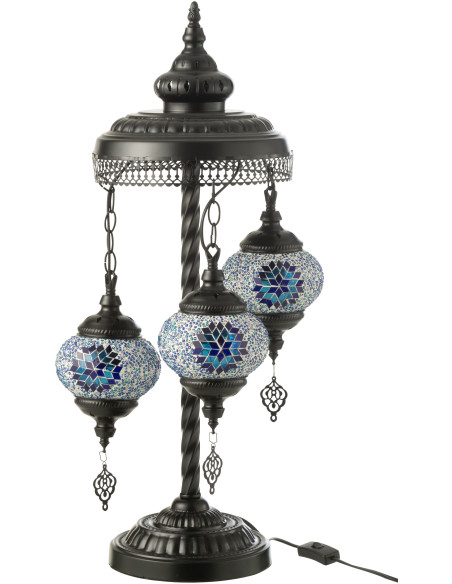 Grande Lampe originale marocaine 3 ampoule Hauteur 71 cm en Verre Bleu Mosaïque Métal Noir Zami - 1