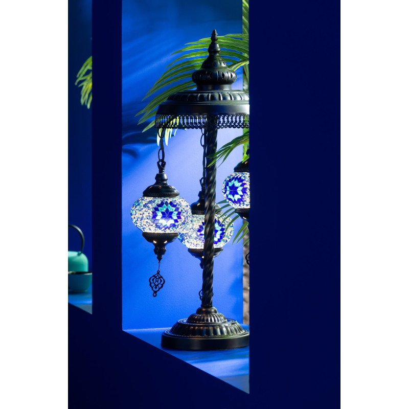 Grande Lampe originale marocaine 3 ampoule Hauteur 71 cm en Verre Bleu Mosaïque Métal Noir Zami - 2