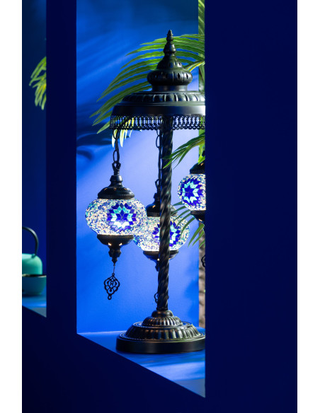 Grande Lampe originale marocaine 3 ampoule Hauteur 71 cm en Verre Bleu Mosaïque Métal Noir Zami - 2