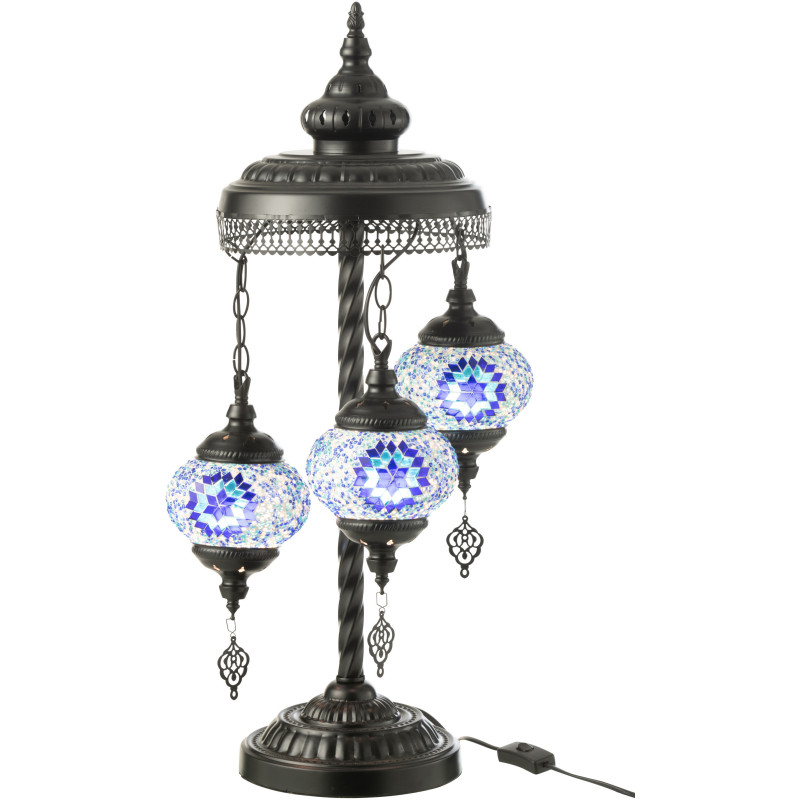 Grande Lampe originale marocaine 3 ampoule Hauteur 71 cm en Verre Bleu Mosaïque Métal Noir Zami - 3