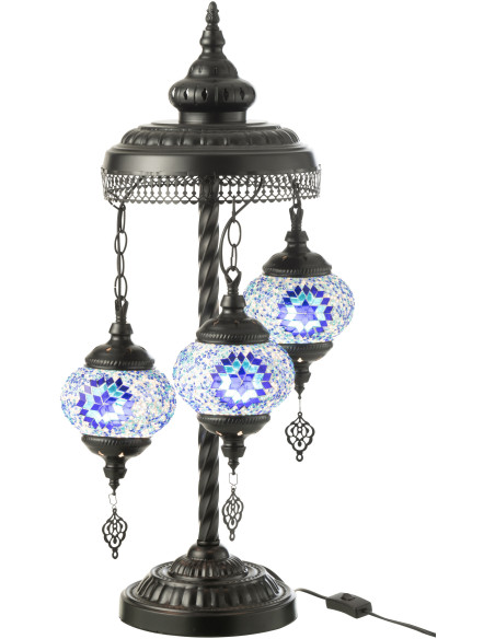 Grande Lampe originale marocaine 3 ampoule Hauteur 71 cm en Verre Bleu Mosaïque Métal Noir Zami - 3