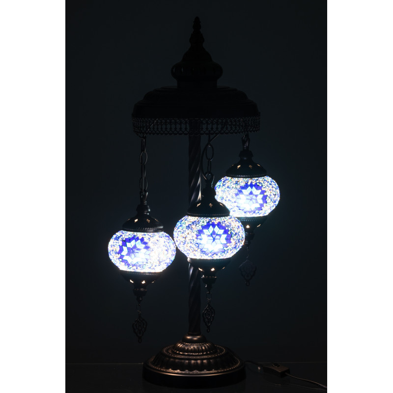 Grande Lampe originale marocaine 3 ampoule Hauteur 71 cm en Verre Bleu Mosaïque Métal Noir Zami - 4