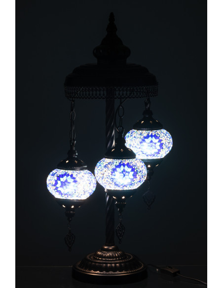 Grande Lampe originale marocaine 3 ampoule Hauteur 71 cm en Verre Bleu Mosaïque Métal Noir Zami - 4