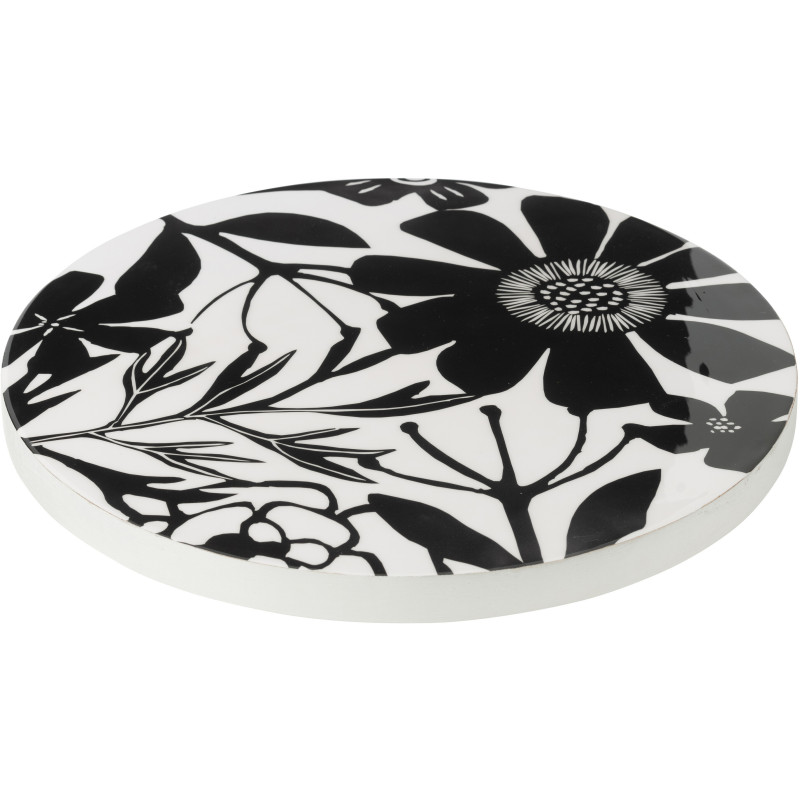 Grand Plateau tournant rond 45 cm en Bois de manguier Noir Blanc Motif fleurs Zalu - 1
