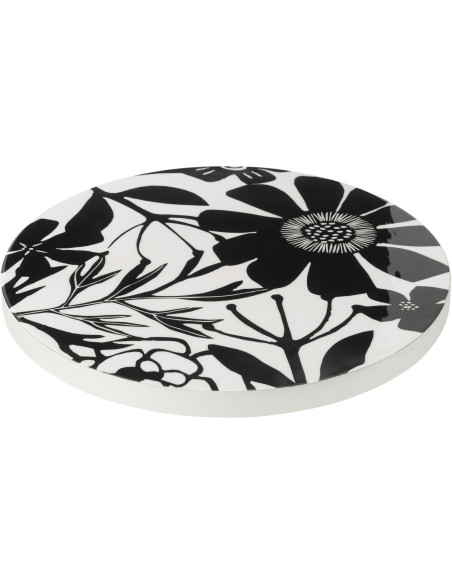 Grand Plateau tournant rond 45 cm en Bois de manguier Noir Blanc Motif fleurs Zalu - 1