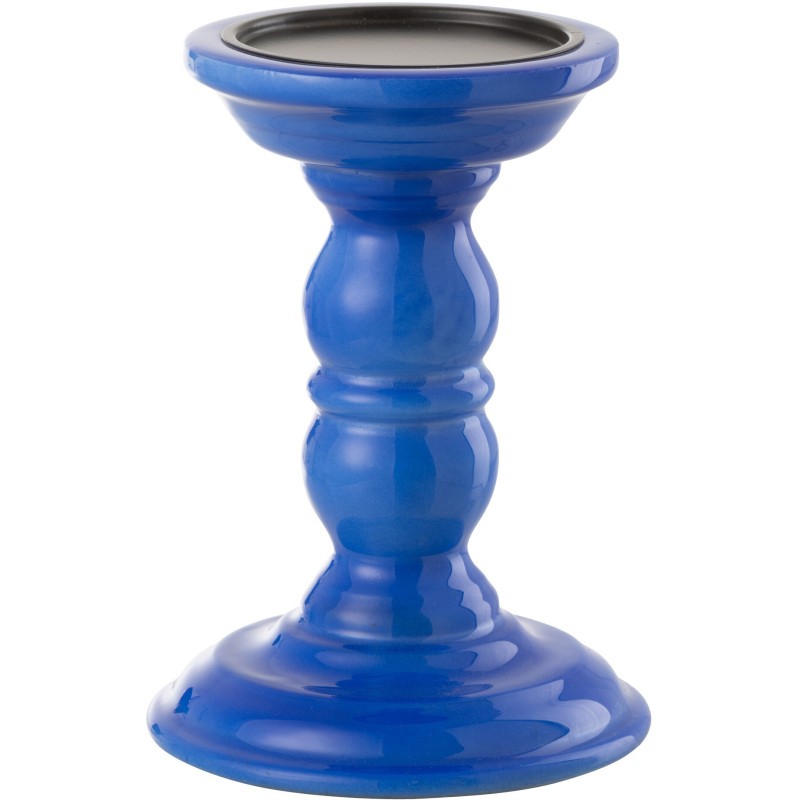 Bougeoir sur pied moderne Hauteur 17 cm en Bois de manguier Bleu Métal Noir Oken - 1