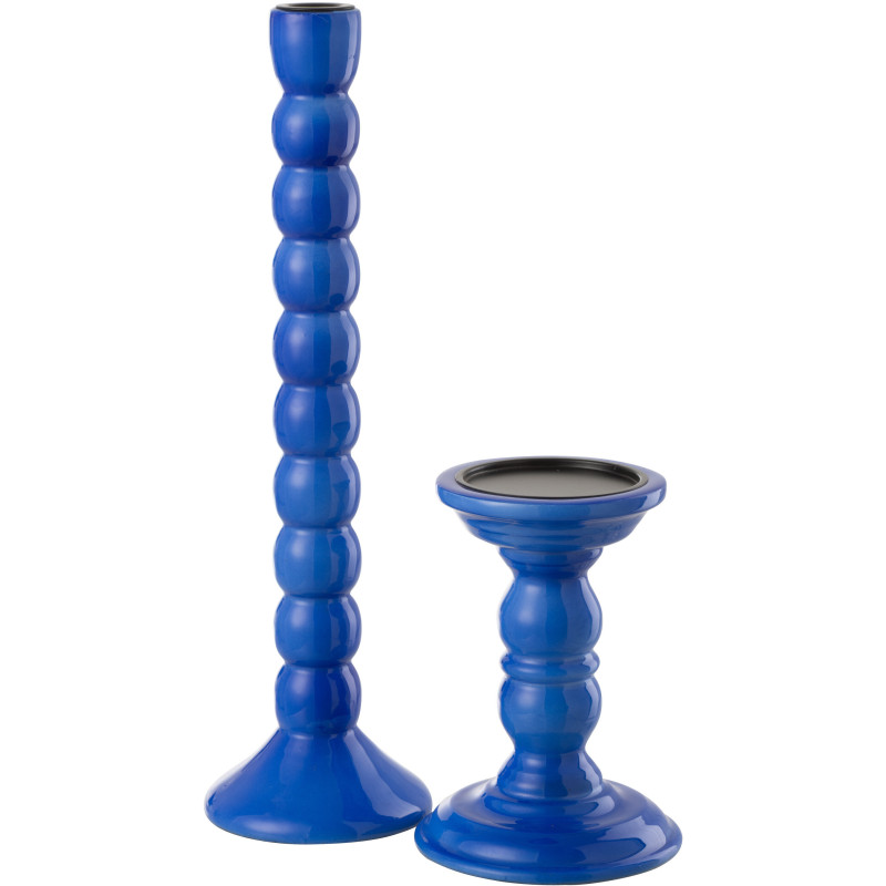 Grand Bougeoir moderne Hauteur 38 cm en Bois de manguier Bleu Métal Noir Oken - 3