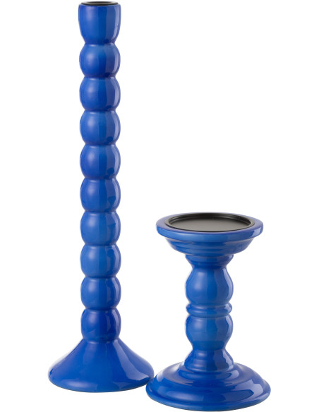 Grand Bougeoir moderne Hauteur 38 cm en Bois de manguier Bleu Métal Noir Oken - 3