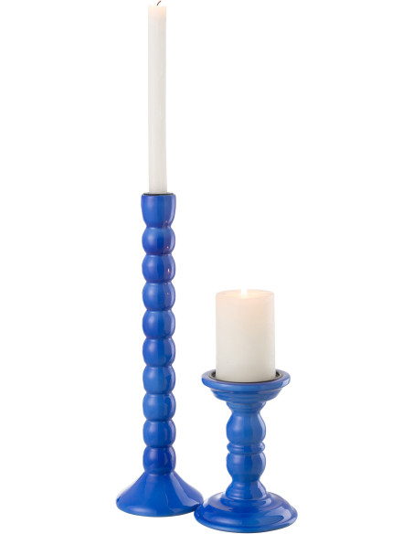 Grand Bougeoir moderne Hauteur 38 cm en Bois de manguier Bleu Métal Noir Oken - 4