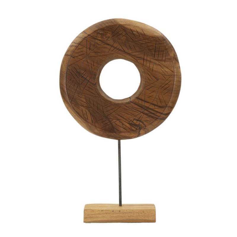 Grande Sculpture artisanale etnique sur pied Cercle Hauteur 58 cm en Bois de teck recyclé Marron Dorat 