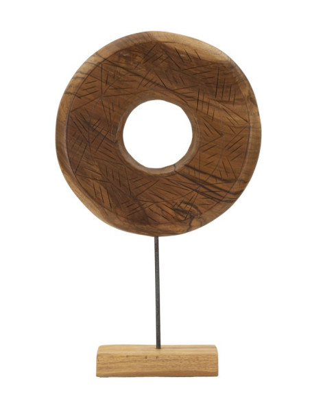 Grande Sculpture artisanale etnique sur pied Cercle Hauteur 58 cm en Bois de teck recyclé Marron Dorat 