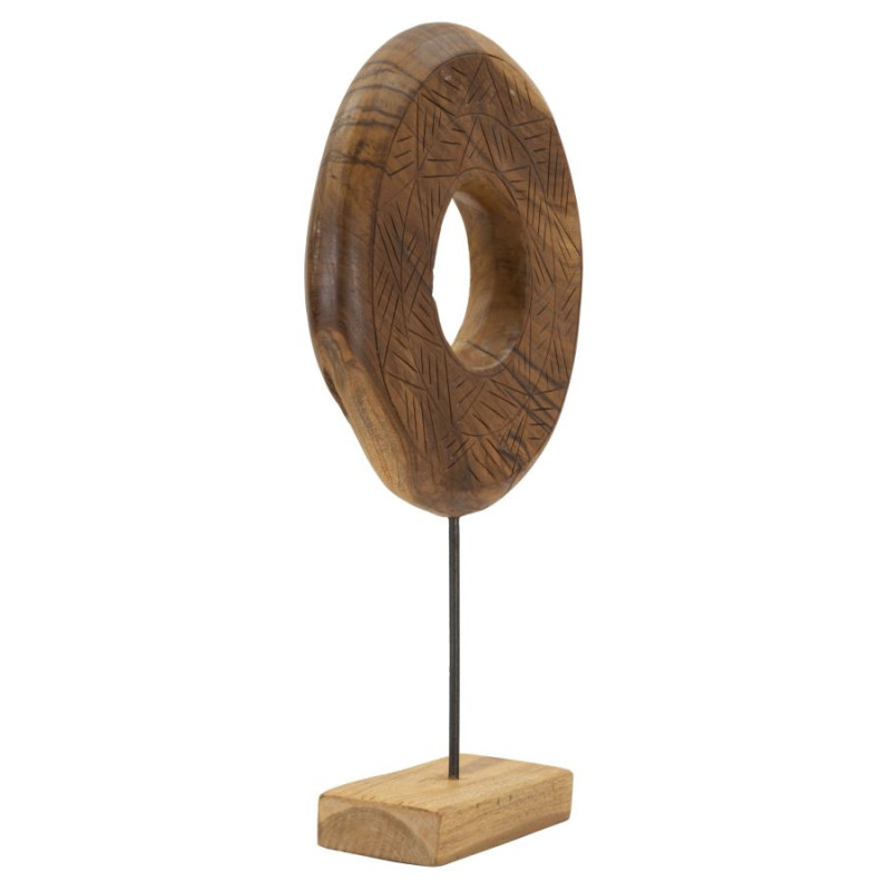 Grande Sculpture artisanale etnique sur pied Cercle Hauteur 58 cm en Bois de teck recyclé Marron Dorat 