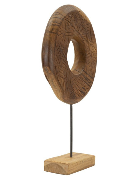 Grande Sculpture artisanale etnique sur pied Cercle Hauteur 58 cm en Bois de teck recyclé Marron Dorat 