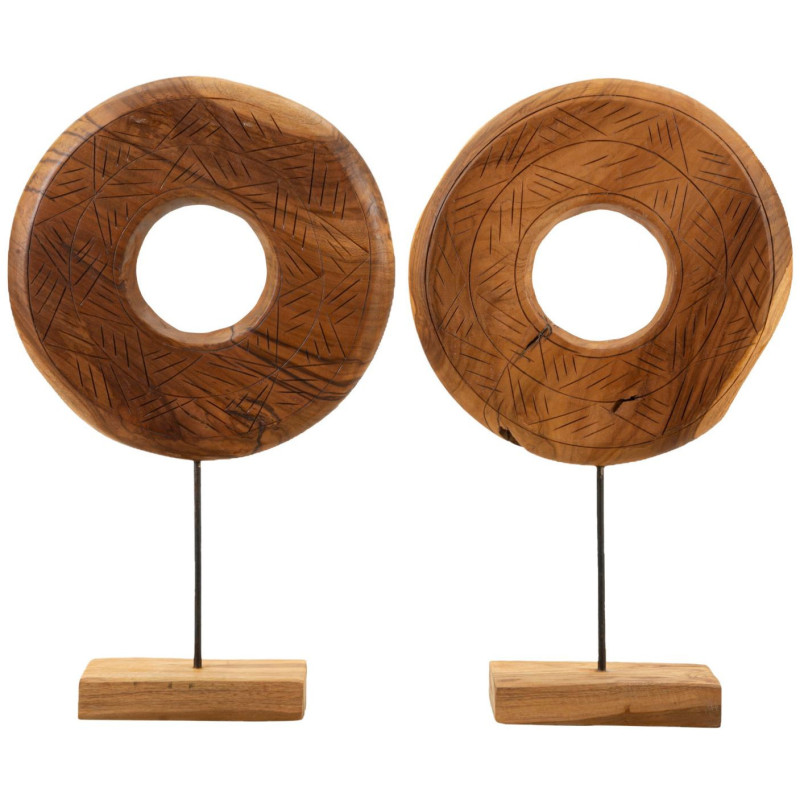 Grande Sculpture artisanale etnique sur pied Cercle Hauteur 58 cm en Bois de teck recyclé Marron Dorat - 7