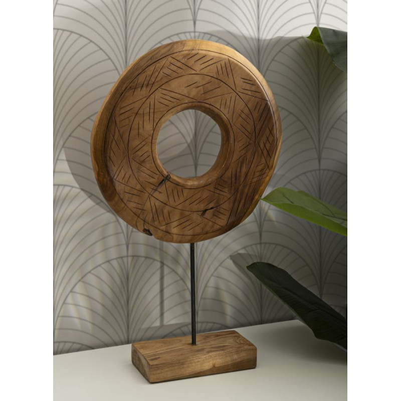 Grande Sculpture artisanale etnique sur pied Cercle Hauteur 58 cm en Bois de teck recyclé Marron Dorat 