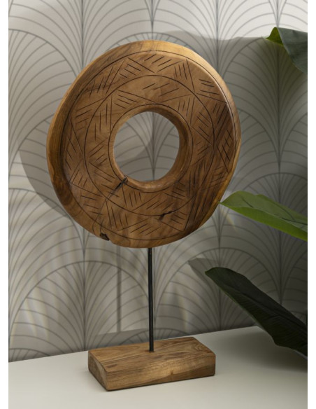 Grande Sculpture artisanale etnique sur pied Cercle Hauteur 58 cm en Bois de teck recyclé Marron Dorat 