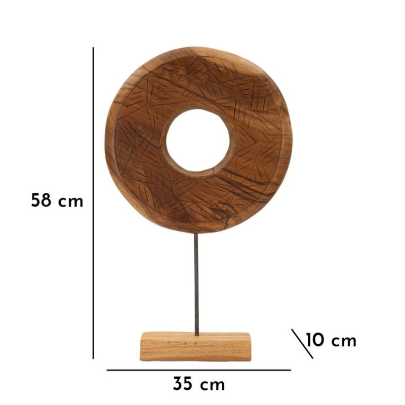 Grande Sculpture artisanale etnique sur pied Cercle Hauteur 58 cm en Bois de teck recyclé Marron Dorat 