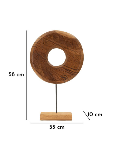 Grande Sculpture artisanale etnique sur pied Cercle Hauteur 58 cm en Bois de teck recyclé Marron Dorat 