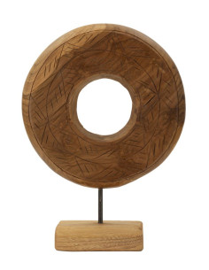Sculpture artisanale etnique sur pied Cercle Hauteur 38 cm en Bois de teck recyclé Marron Dorat 