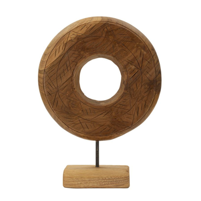 Sculpture artisanale etnique sur pied Cercle Hauteur 38 cm en Bois de teck recyclé Marron Dorat 