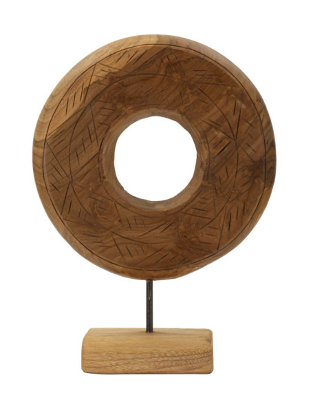 Sculpture artisanale etnique sur pied Cercle Hauteur 38 cm en Bois de teck recyclé Marron Dorat 