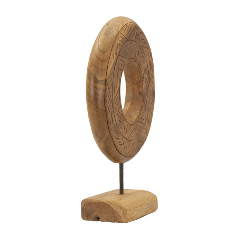 Sculpture artisanale etnique sur pied Cercle Hauteur 38 cm en Bois de teck recyclé Marron Dorat 