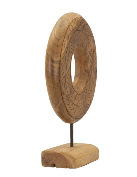 Sculpture artisanale etnique sur pied Cercle Hauteur 38 cm en Bois de teck recyclé Marron Dorat 