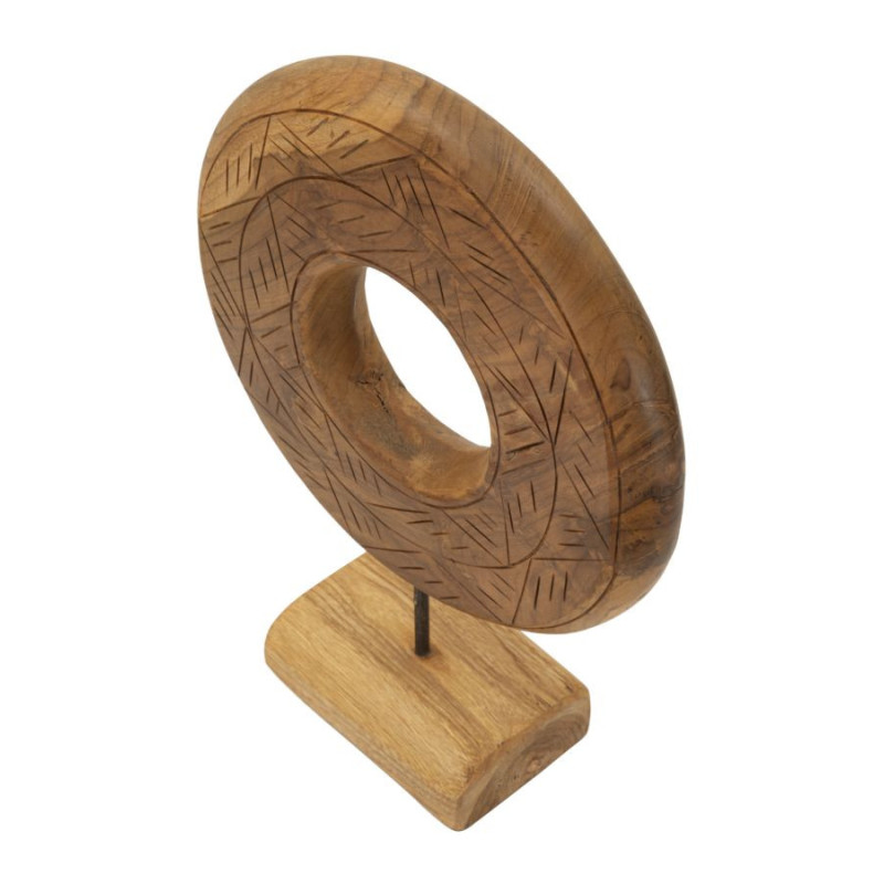 Sculpture artisanale etnique sur pied Cercle Hauteur 38 cm en Bois de teck recyclé Marron Dorat 