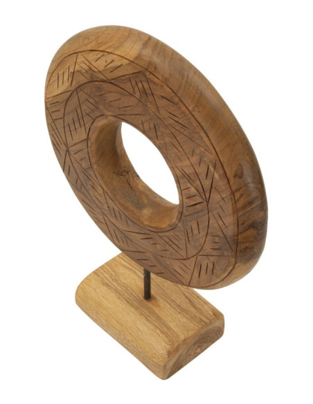 Sculpture artisanale etnique sur pied Cercle Hauteur 38 cm en Bois de teck recyclé Marron Dorat 