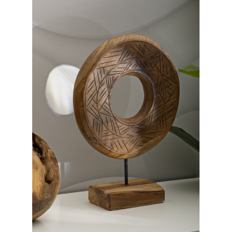 Sculpture artisanale etnique sur pied Cercle Hauteur 38 cm en Bois de teck recyclé Marron Dorat 