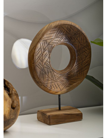 Sculpture artisanale etnique sur pied Cercle Hauteur 38 cm en Bois de teck recyclé Marron Dorat 
