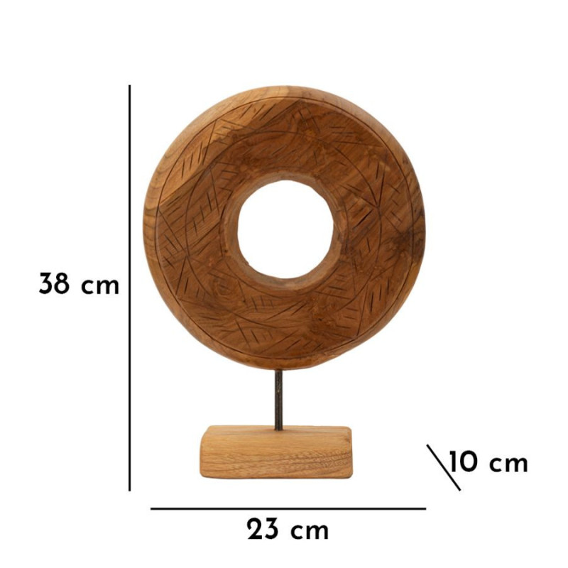 Sculpture artisanale etnique sur pied Cercle Hauteur 38 cm en Bois de teck recyclé Marron Dorat 