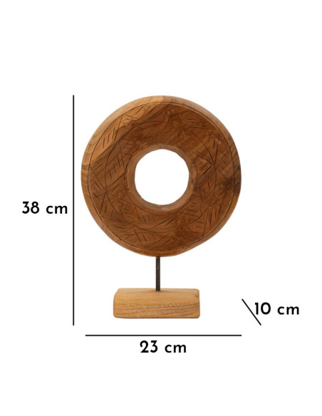 Sculpture artisanale etnique sur pied Cercle Hauteur 38 cm en Bois de teck recyclé Marron Dorat 