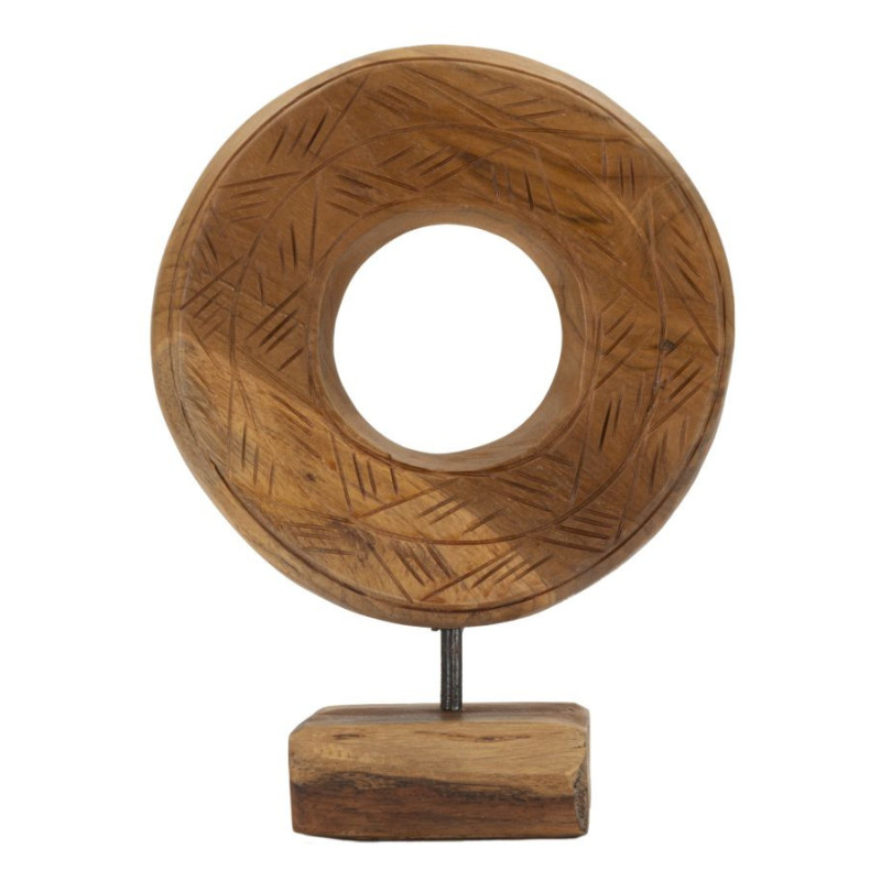 Sculpture artisanale etnique sur pied Cercle Hauteur 28 cm en Bois de teck recyclé Marron Dorat 