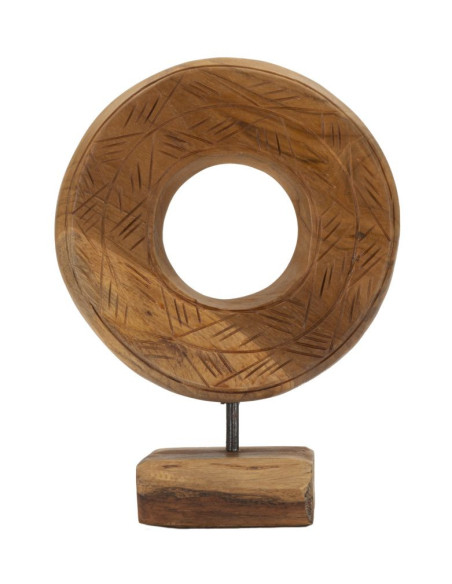 Sculpture artisanale etnique sur pied Cercle Hauteur 28 cm en Bois de teck recyclé Marron Dorat 