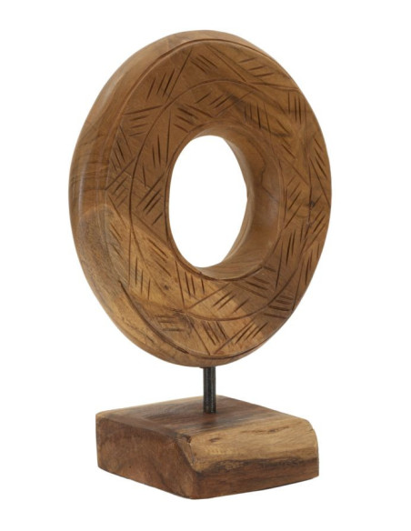 Sculpture artisanale etnique sur pied Cercle Hauteur 28 cm en Bois de teck recyclé Marron Dorat 