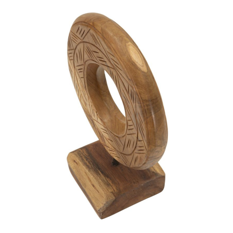 Sculpture artisanale etnique sur pied Cercle Hauteur 28 cm en Bois de teck recyclé Marron Dorat 