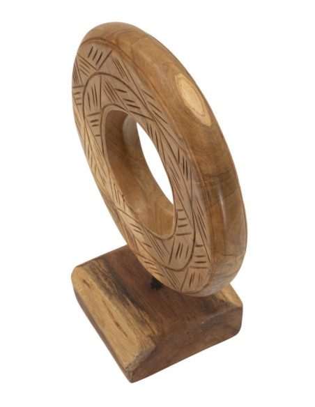 Sculpture artisanale etnique sur pied Cercle Hauteur 28 cm en Bois de teck recyclé Marron Dorat 