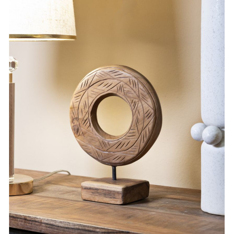 Sculpture artisanale etnique sur pied Cercle Hauteur 28 cm en Bois de teck recyclé Marron Dorat 