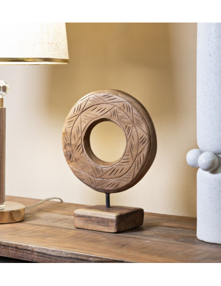 Sculpture artisanale etnique sur pied Cercle Hauteur 28 cm en Bois de teck recyclé Marron Dorat 