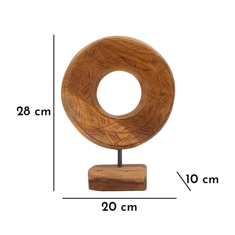 Sculpture artisanale etnique sur pied Cercle Hauteur 28 cm en Bois de teck recyclé Marron Dorat 